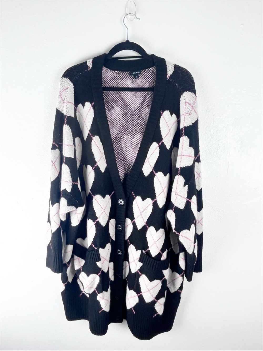 TORRID Black White Hearts Graphic Drop Shoulder Pockets Button Long Cardigan 4X